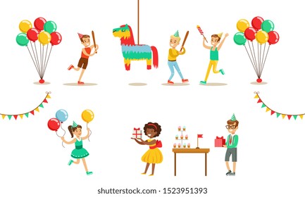 Kids Celebrating Birthday Set, Boy Going to Broke the Pinata, Boys nd Girls Having Fun at Birthday Party Vector Illustration