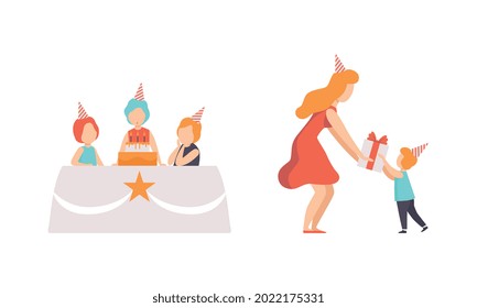 Kids Celebrating Birthday Set, Mom Giving Gift to his Little Daughter, Girl Blowing Candles with her Friends while Sitting at Festive Table Cartoon Vector Illustration