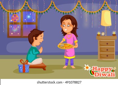 Kids celebrating Diwali and Bhai Dooj festival of India in vector