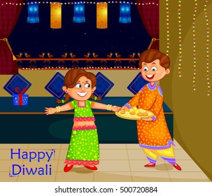 Kids celebrating Diwali and Bhai Dooj festival of India in vector