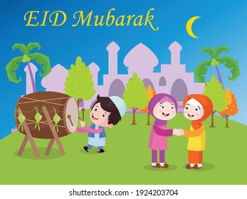 Kids celebrating Eid al-fitr at mosque cartoon vector concept for banner, website, illustration, landing page, flyer, etc.