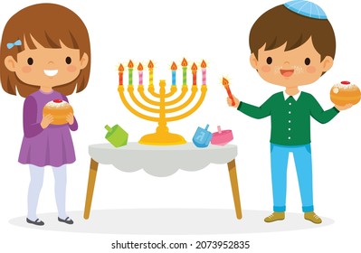 Kids celebrating Hanukkah by lighting candles in the menorah, eating doughnuts and playing with dreidels
