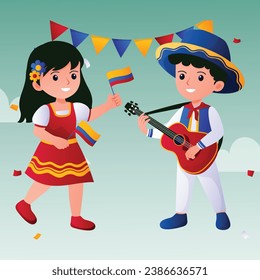 Kids celebrating music with instruments with blue background