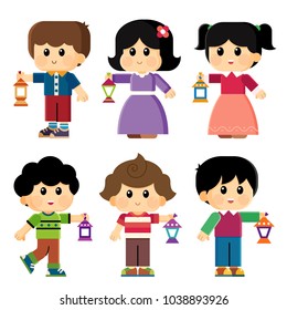 kids celebrating Ramadan kareem and carrying Lanterns ( fanous , fanoos ) , isolated vector illustration