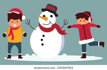 kids celebrating in snow,Illustration of kids playing outdoors in winter, winter games,Winter fun. Children building snowman. Winter holidays. Merry Christmas and happy new year,Kindergarten,