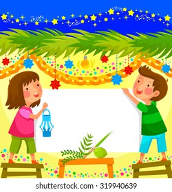 kids celebrating sukkoth in a decorated booth