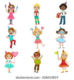 Kids Celebration Set Of Bright Color Isolated Vector Drawings In Simple Cartoon Design On White Background