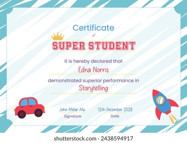 Kids Certificate Colorful, Kids Certificate from School titled Super Student. Kids Certificate Template. Super student colorful