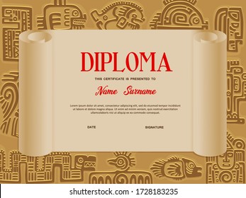 Kids certificate or diploma vector template of school education with background frame of aztec symbols. Kindergarten or preschool graduation and achievement award old scroll with mayan tribal totems