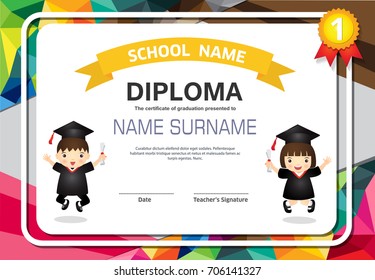 Kids certificate in polygonal style.Colorful lovely children's diploma template.