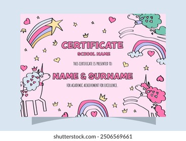 kids certificate template with pink unicorns and rainbows for preschool, kindergarten, and middle school graduation.