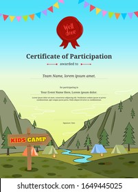 Kids certificate template in vector for camping participation