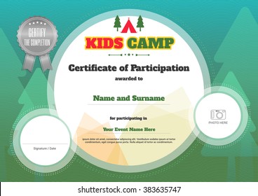 Kids certificate template in vector for camping participation