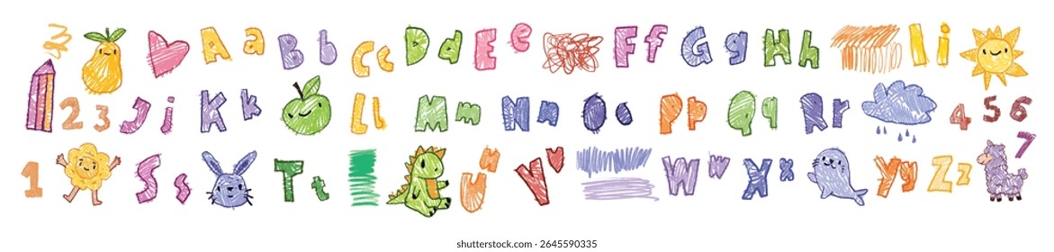 Alfabeto de giz de crianças, fonte de doodle jardim de infância, lápis de mão desenhado rabisco ABC, bebê animais fofos. Cartas de giz de cera ingênuas infantis, colorido desenho animado rascunho decoração impressão. Formas engraçadas do alfabeto infantil