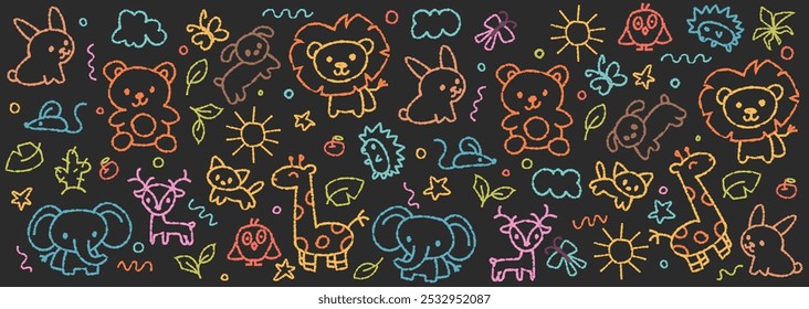 Kids chalk crayon background. Hand-drawn child elements: sun, animals, clouds, lion, giraffe, elephant. Children scribble. Vector illustration isolated on black chalkboard background