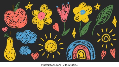 Kids chalk drawings big set. Collection freehand child baby drawn elements: sun, apple, flower, heart, cloud, star. Hand drawing scribble. Vector illustration isolated on black background