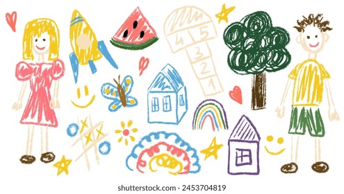 Kids chalk drawings big set. Collection freehand child baby drawn elements: tree, boy, girl, fruit, rainbow, flower, rocket. Hand drawing scribble. Vector illustration isolated on white background