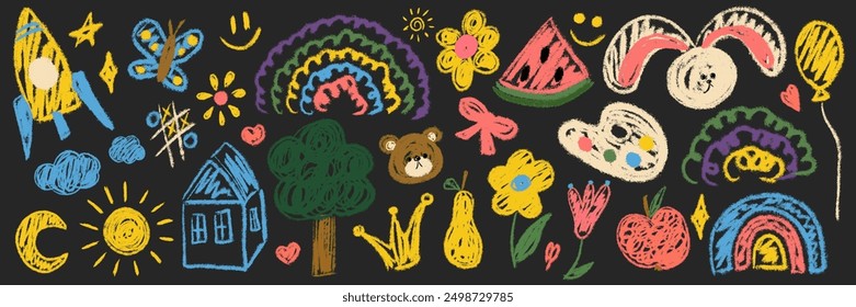 Kids chalk drawings big set. Collection freehand child baby hand drawn scribble elements: sun, tree, bear, fruit, smile, rabbit, flower, rocket, crown. Vector illustration isolated on black background