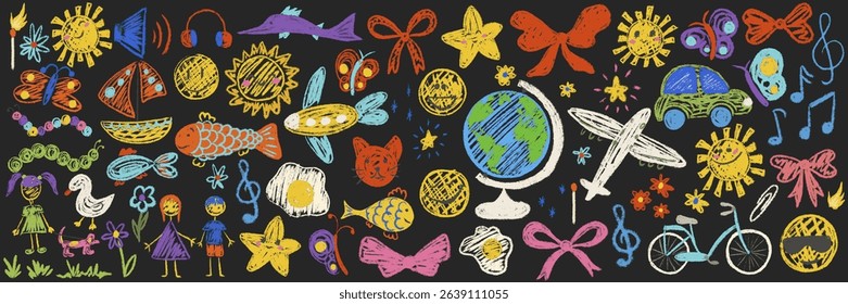Kids chalk drawings big set. Crayon freehand child baby hand drawn scribble nature elements: smile, sun, flower, airplane, earth, bicycle, butterfly. Cute pencil school vector illustration isolated