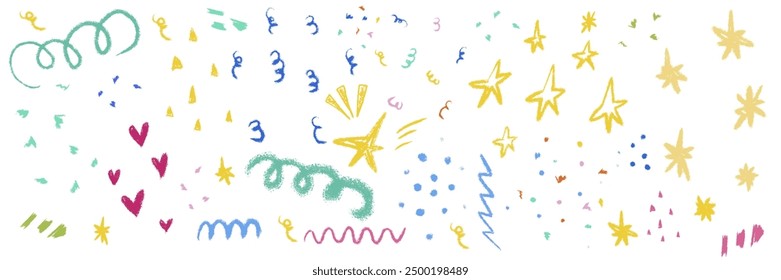 Kids chalk drawings confetti big set. Collection freehand child baby hand drawn scribble elements. Colorful party birthday, anniversary celebration. Vector illustration isolated on white background