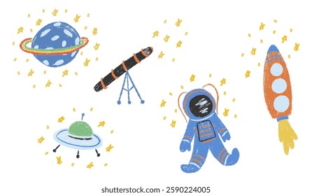 Kids chalk drawings galaxy big set. Collection freehand child baby hand drawn scribble elements. Textured planet, stars, astronaut, rocket, telescope, alien UFO spaceship. Vector illustration isolated