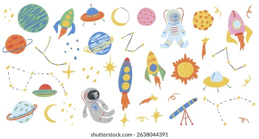 Kids chalk drawings galaxy big set. Collection freehand child baby hand drawn scribble elements. Textured planet, stars, astronaut, rocket, telescope, alien UFO spaceship. Vector illustration isolated