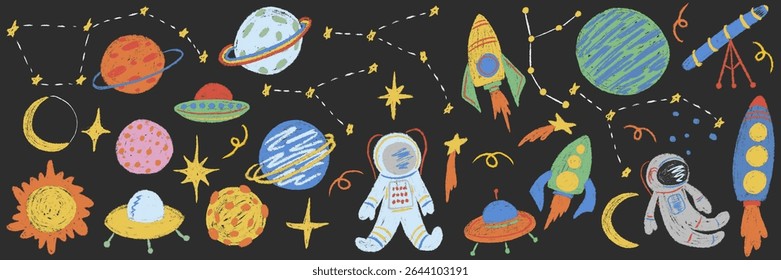 Kids chalk drawings galaxy big set. Collection freehand child baby hand drawn scribble elements. Textured planet, stars, astronaut, rocket, telescope, alien UFO spaceship. Vector illustration isolated