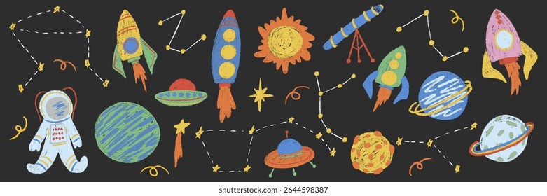 Kids chalk drawings galaxy big set. Collection freehand child baby hand drawn scribble elements. Textured planet, stars, astronaut, rocket, telescope, alien UFO spaceship. Vector illustration isolated