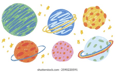 Kids chalk drawings planet in space big set. Collection freehand child baby hand drawn scribble elements. Different colorful textured galaxy planets, stars, constellation. Vector illustration isolated