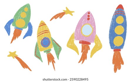 Kids chalk drawings rocket in space big set. Collection freehand child baby hand drawn scribble elements. Different colorful textured spaceship, galaxy star ship, comet. Vector illustration isolated