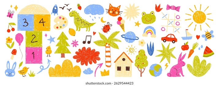 giz infantil, pastel crayon e desenhos a lápis de cor conjunto. Esboços coloridos da coleção de imaginação infantil com flor de verão e árvore verde, sol e nuvem, ilustração de vetor de desenhos animados da casa