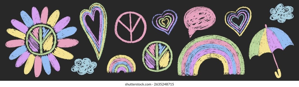 Kids chalk pastel rainbow drawings set. Crayon texture umbrella, peace sign, heart, flower. Collection freehand child baby hand drawn scribble element. Vector illustration isolated on black background