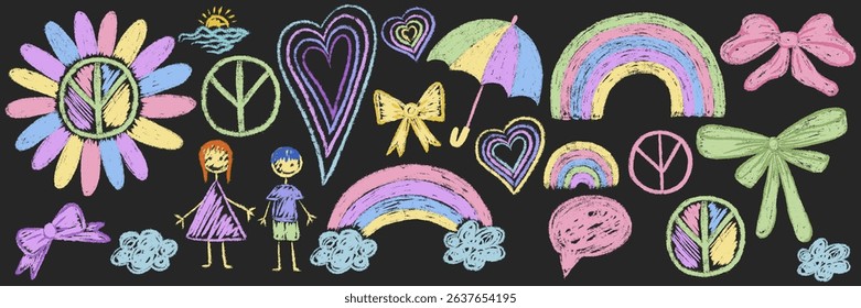 Kids chalk pastel rainbow drawings set. Crayon texture umbrella, peace sign, heart, flower. Collection freehand child baby hand drawn scribble element. Vector illustration isolated on black chalkboard