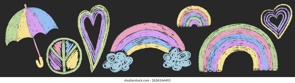 Kids chalk rainbow drawings set. Crayon texture umbrella, peace sign, heart. Collection freehand child baby hand drawn scribble elements on blackboard. Vector illustration isolated on black background