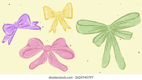 Kids chalk ribbon bow set. Collection freehand child drawings. Hand drawn crayon scribble elements. Cute vintage baby pastel decoration. Childish vector illustration isolated on textured background
