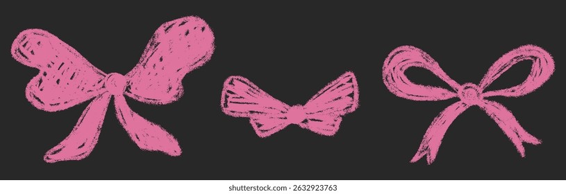 Kids chalk ribbon bow set. Collection freehand child drawings. Hand drawn crayon scribble elements. Cute vintage baby pastel decoration. Childish pink vector illustration isolated on black background.