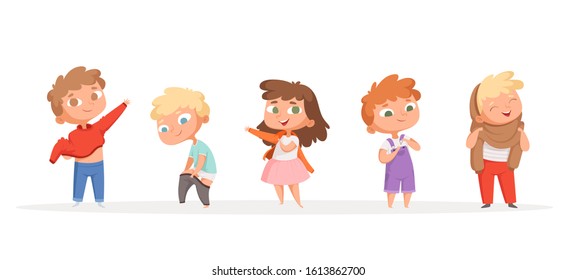 Kids Changing Clothes. Children Dressing Pants And Shoes Parents Helping And Teaching Vector Cartoon Funny Peoples