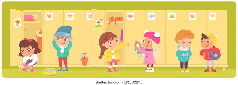 Kids Changing Clothes At Lockers In Kindergarten. Little Boys And Girls Putting On Clothes In Winter Vector Illustration. Lockers With Doors In Row. Preschool Children Together.