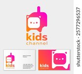 Kids channel logo, children TV icon. TV compiled with funny kawaii cat. Business card. 