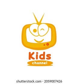 Kids Channel Logo Design. With tv, television, and cute face icon in yellow color. Simple and premium logo template