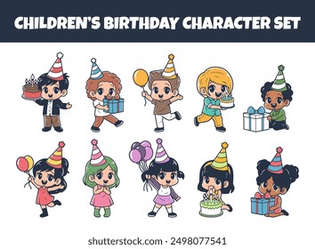 Kids character with birthday costume vector illustration set