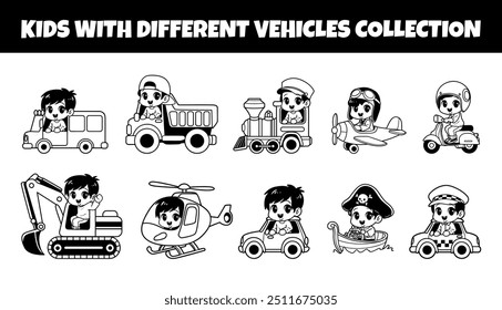 Kids character different vehicle outline vector illustration set