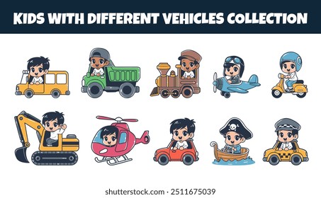 Kids character different vehicle vector illustration set