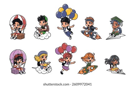Kids character with flying concept vector illustration set