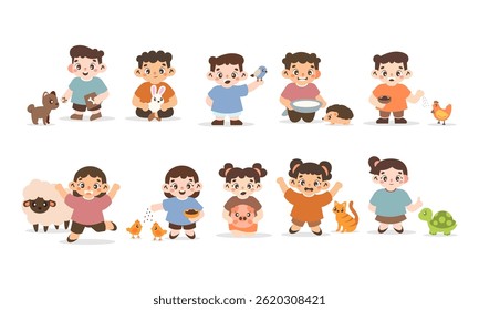 Kids character with pet flat vector illustration set