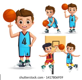 Kids character playing basketball vector set. Young school boy wearing basketball uniform doing different poses and ball tricks isolated in white background. Vector illustration.
