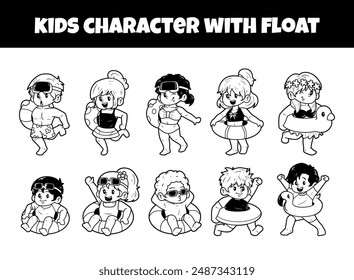 Kids character set with float outlne vector illustration