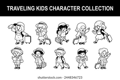 Kids character traveling outline sketch vector illustration