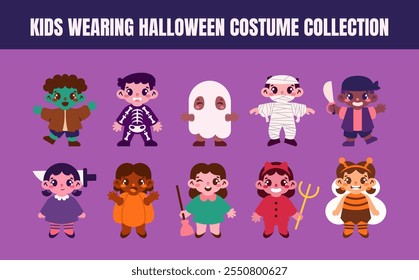 Kids character wearing halloween costume vector illustration set