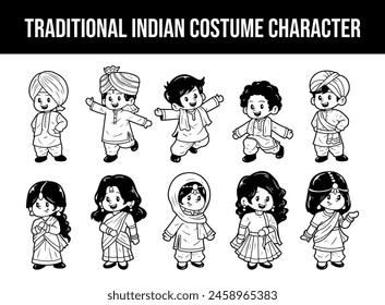 Kids character wearing Indian traditional vector outline illustration set